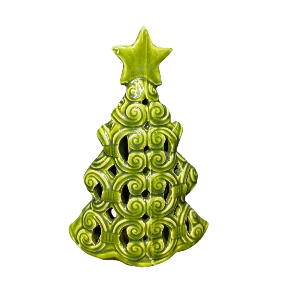 Vintage Green Ceramic Christmas Tree Lighted Swirl Cutout Battery Operated 9.5"